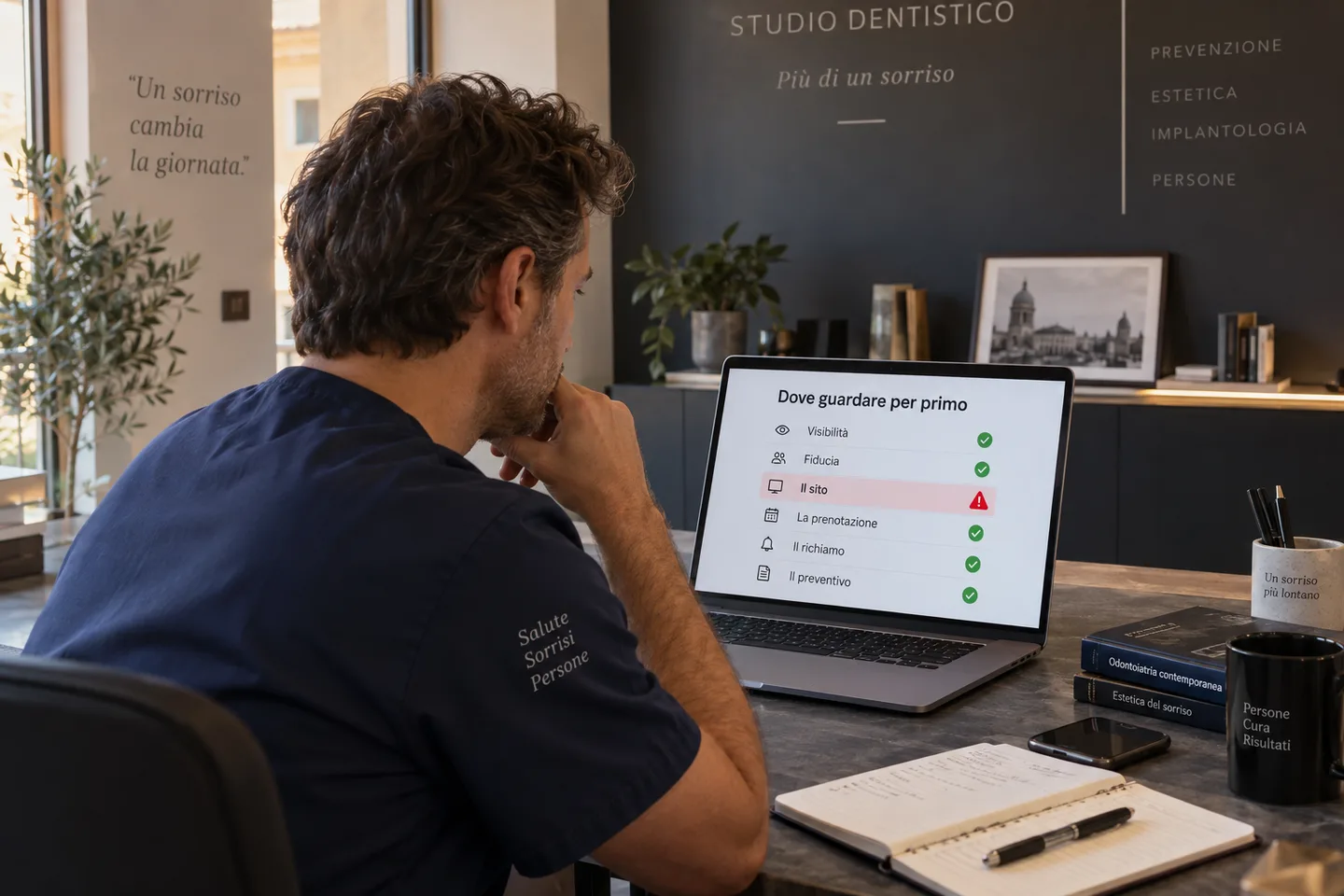 Il titolare di uno studio dentistico guarda l'esito dei sei controlli su un laptop: cinque sono a posto, uno, il sito, è segnalato come il punto da guardare per primo.