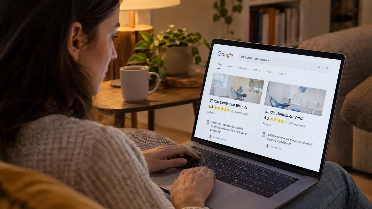 Una persona confronta a casa, di sera, le recensioni di due studi dentistici sul laptop: voti, numero di recensioni e alcuni commenti in italiano.