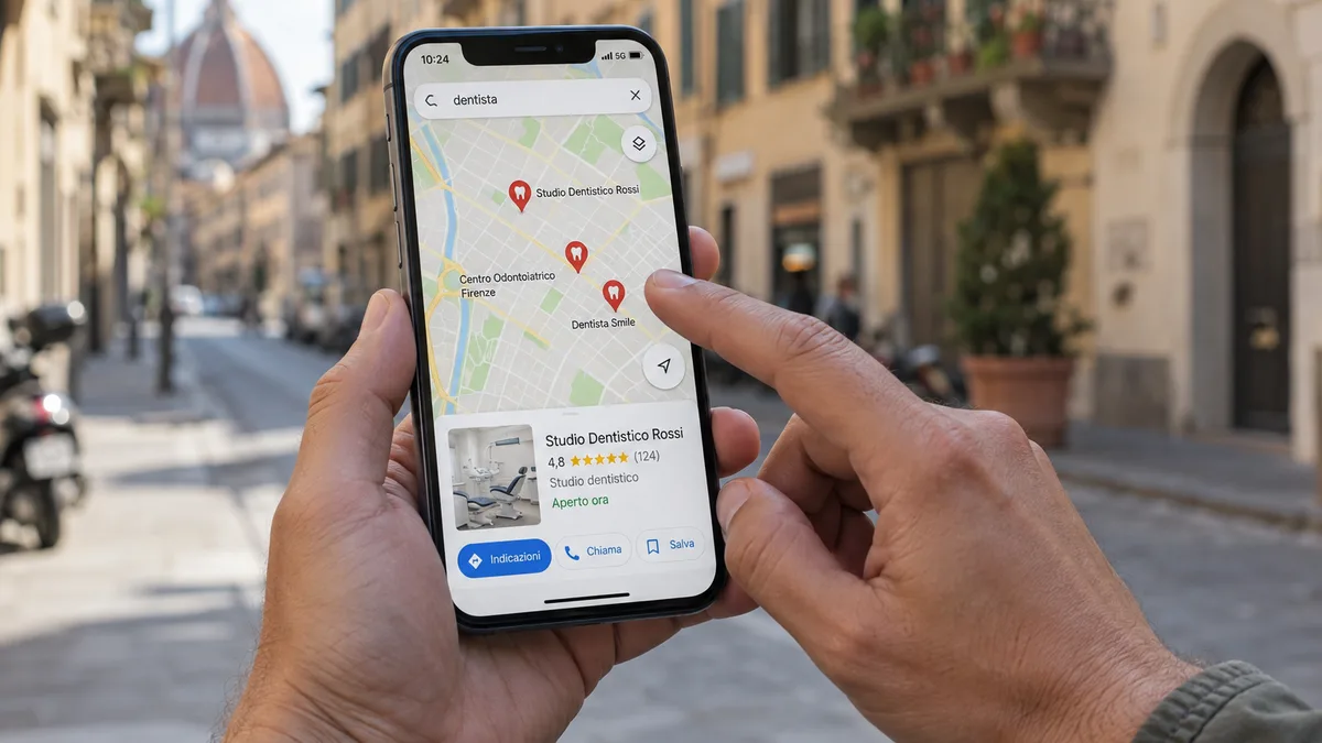 Una persona cerca 'dentista' su Google Maps dallo smartphone, con la scheda di uno studio aperta e selezionata tra i risultati locali