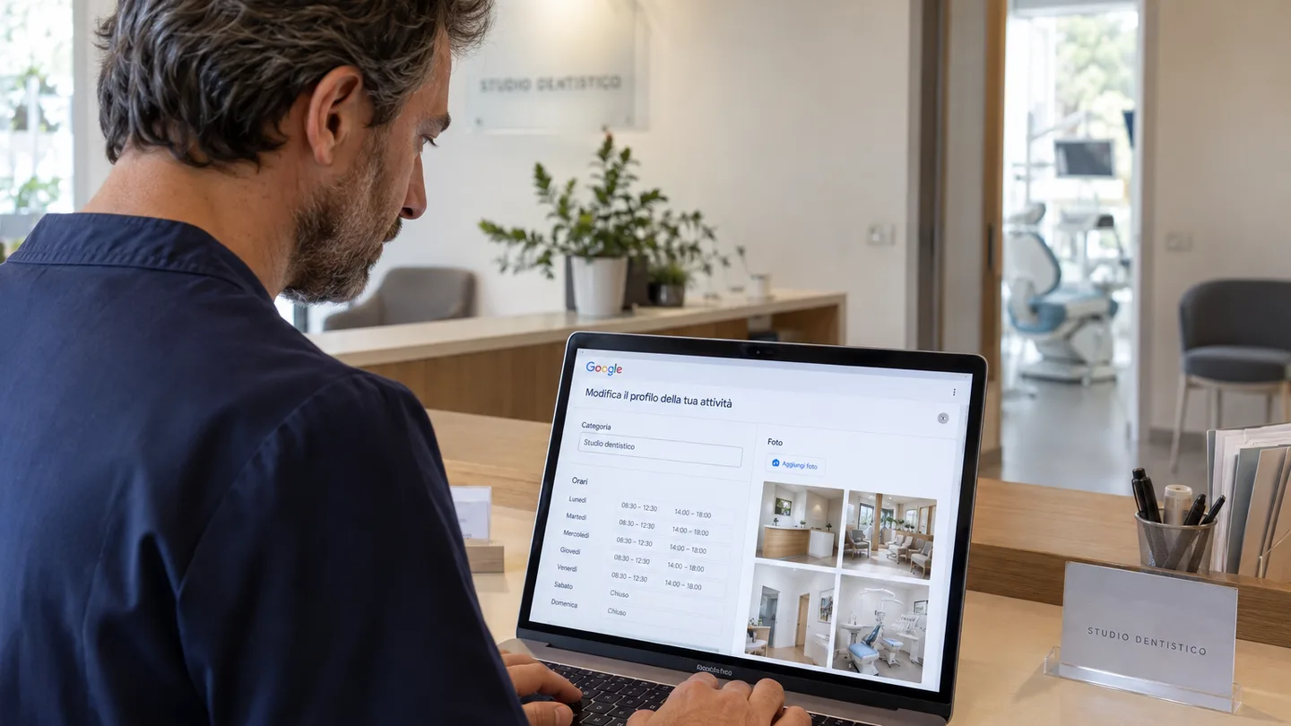 Il titolare di uno studio dentistico, nella hall dello studio, modifica il profilo della scheda Google Business Profile su un laptop: categoria, orari e foto reali dell'ambulatorio.
