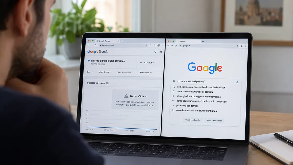 Un laptop con due schede aperte: Google Trends con 'dati insufficienti' a sinistra, l'autocomplete di Google a destra
