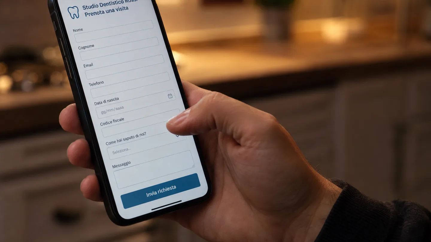 Una mano tiene uno smartphone con il modulo di contatto di uno studio dentistico: molti campi da compilare, tra cui il codice fiscale, e il pollice fermo prima di inviare.