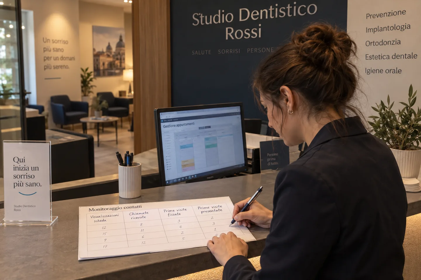 Una segretaria di uno studio dentistico compila a mano un foglio di monitoraggio con le colonne visualizzazioni scheda, chiamate ricevute, prime visite fissate e prime visite presentate.