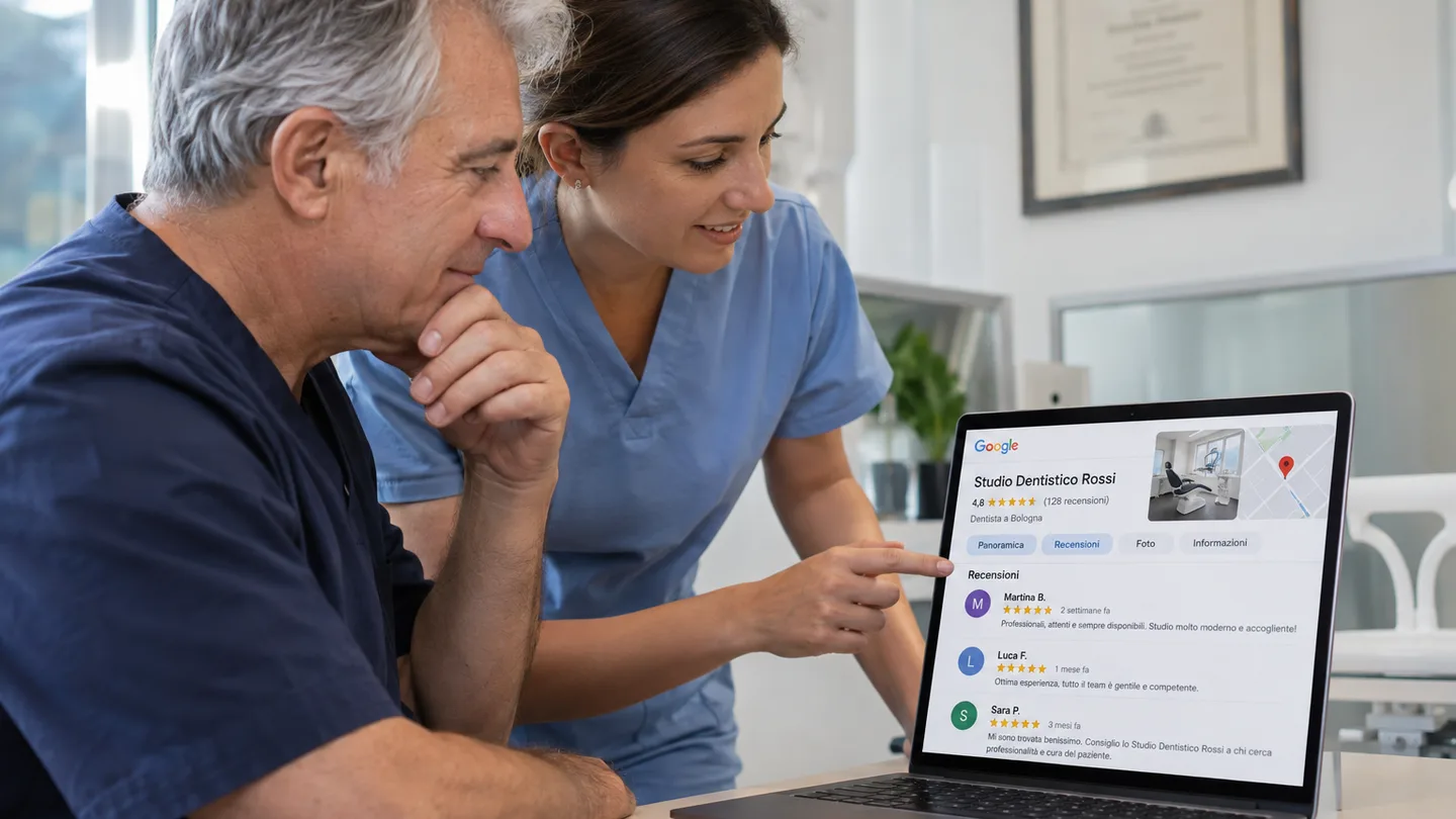 Un titolare più anziano e una collega più giovane osservano insieme, su un laptop, la scheda Google Business Profile dello studio: un asset digitale che si trasferisce con la cessione.