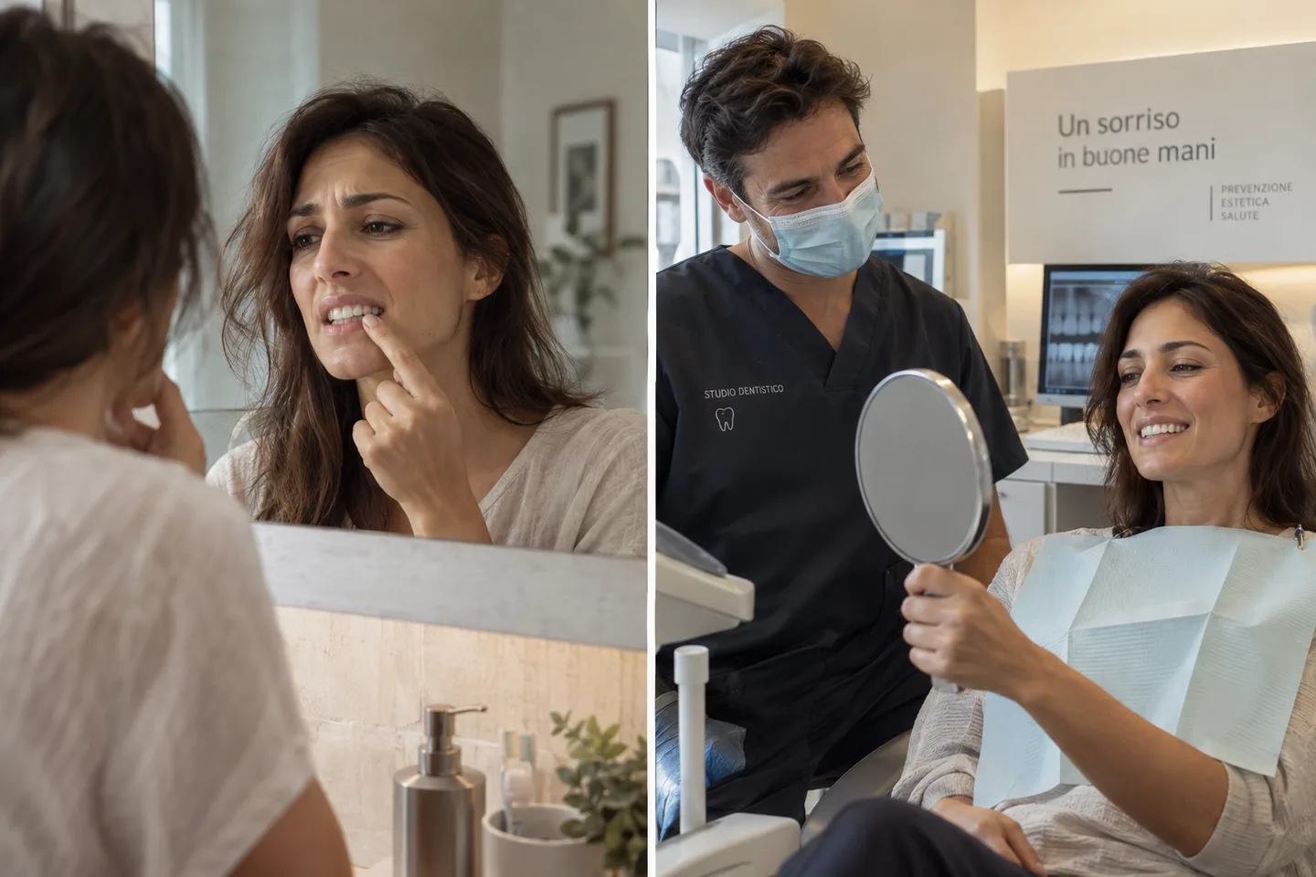 Due momenti a confronto: una persona incerta si osserva il sorriso allo specchio, poi la stessa persona soddisfatta durante una visita dal dentista.