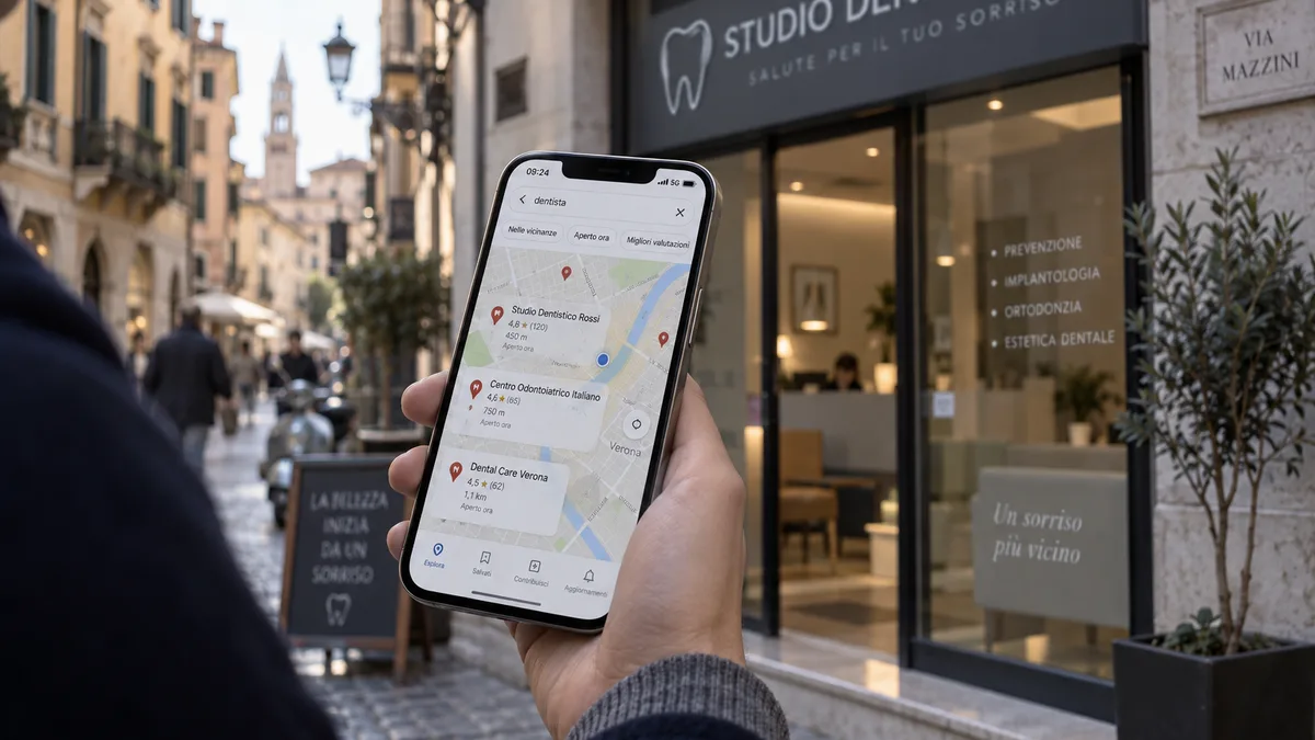 Una persona tiene in mano lo smartphone con una ricerca di dentisti su mappa, davanti alla vetrina di uno studio dentistico