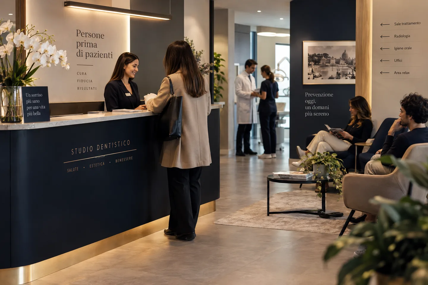 La reception di uno studio dentistico, con pazienti in attesa e personale al lavoro.