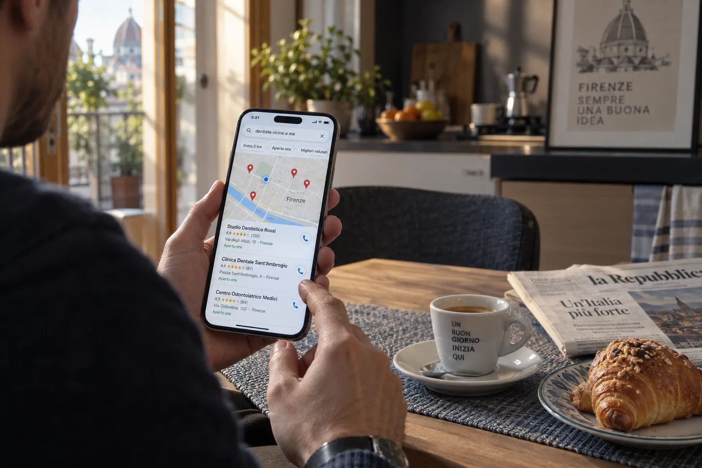 Una persona confronta più studi dentistici su una mappa dallo smartphone, seduta a un tavolo di casa.