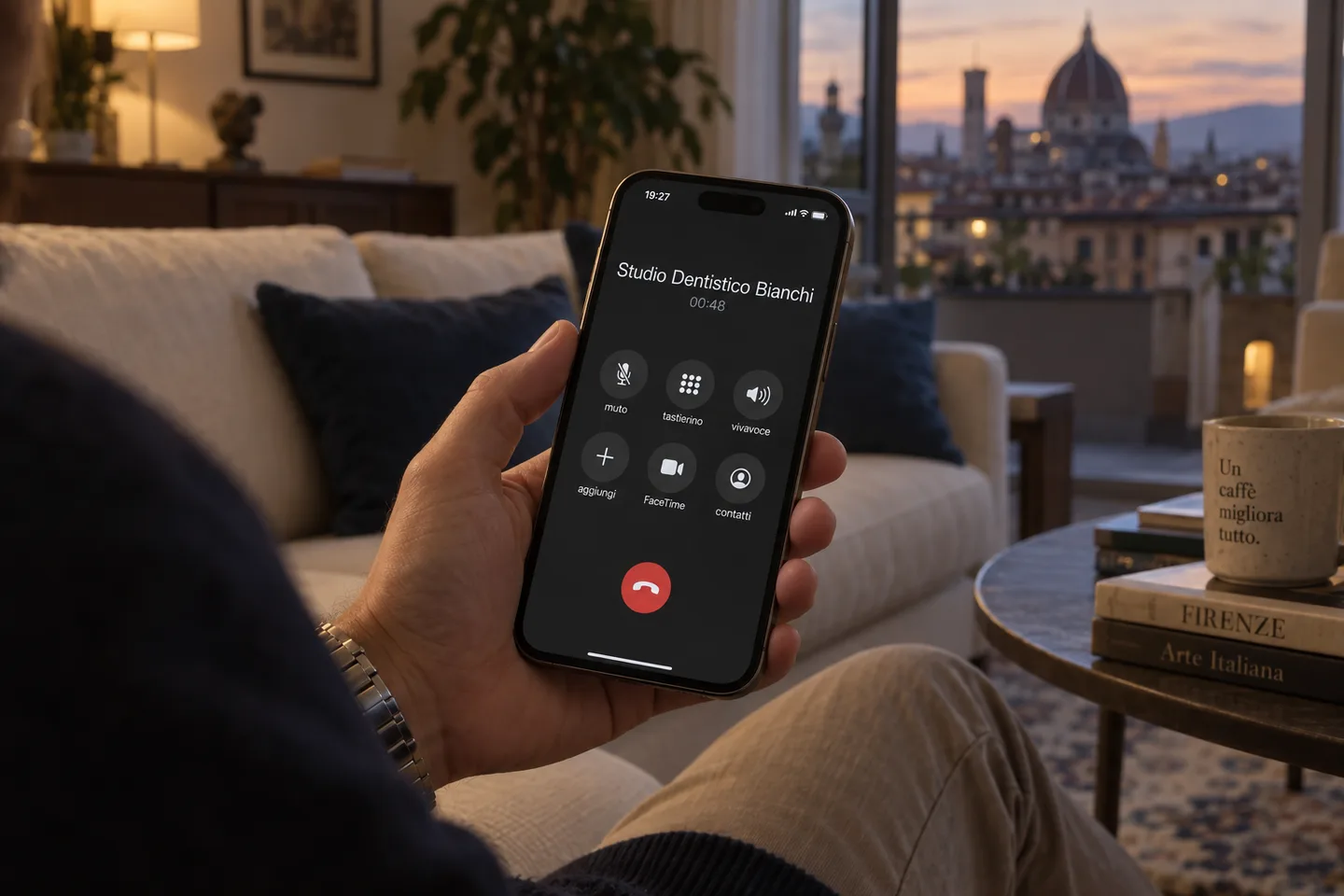 Una persona chiama uno studio dentistico dallo smartphone per prenotare una visita, la sera da casa.