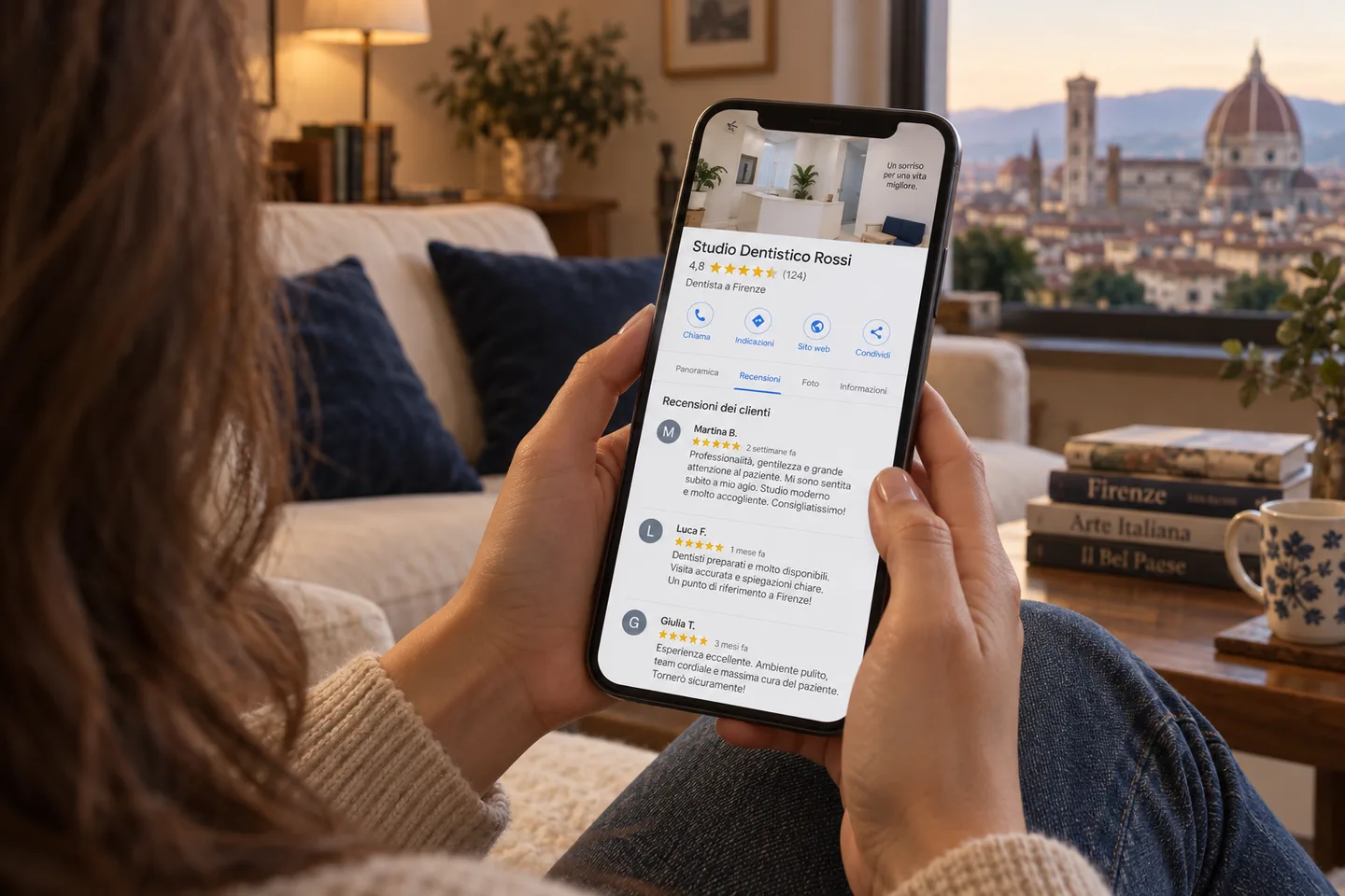 Una persona legge le recensioni di una scheda Google da smartphone, comoda sul divano di casa.