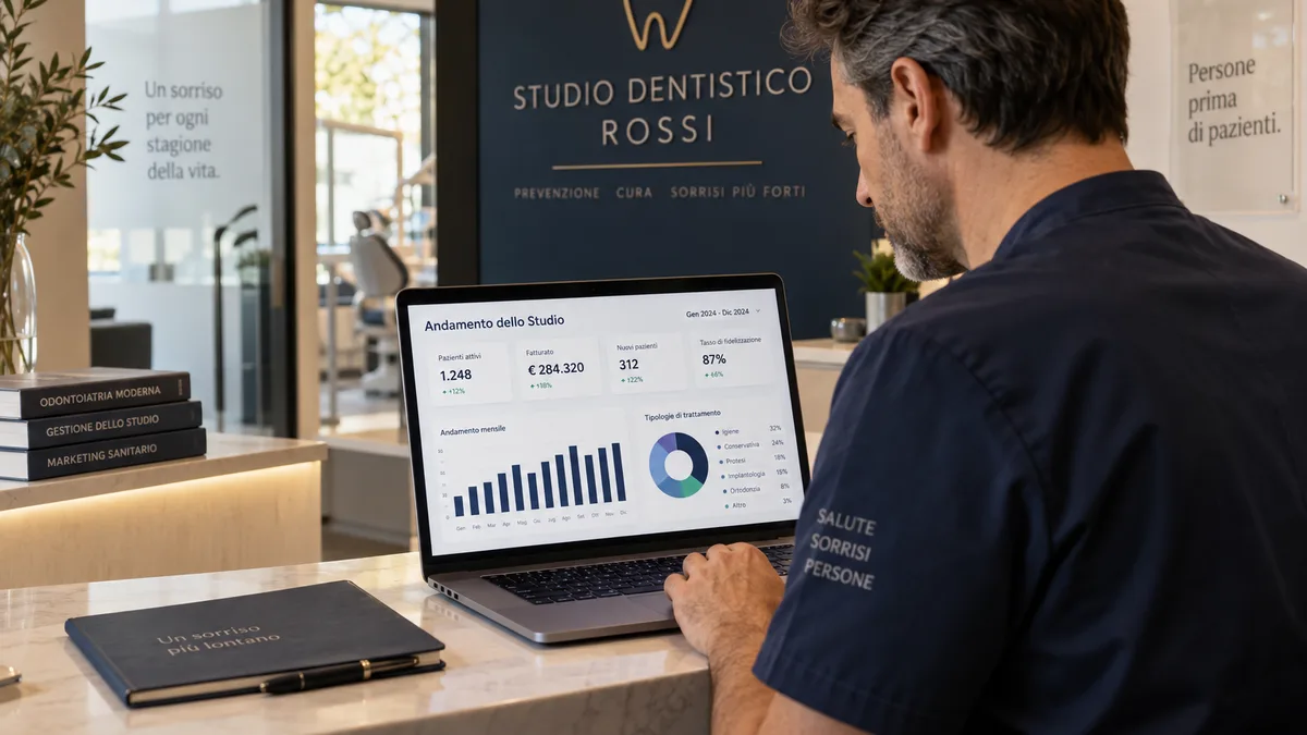 Il titolare di uno studio dentistico consulta i dati del proprio studio su un laptop, alla reception