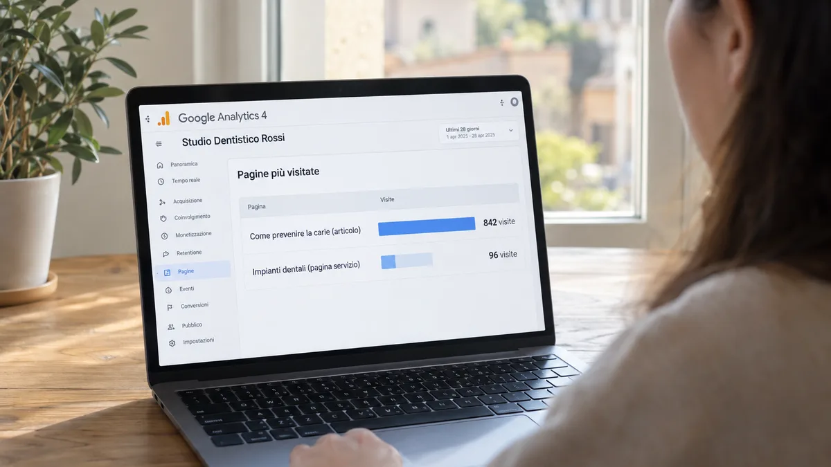 Una dashboard di Google Analytics mostra le pagine più visitate di uno studio dentistico su un laptop