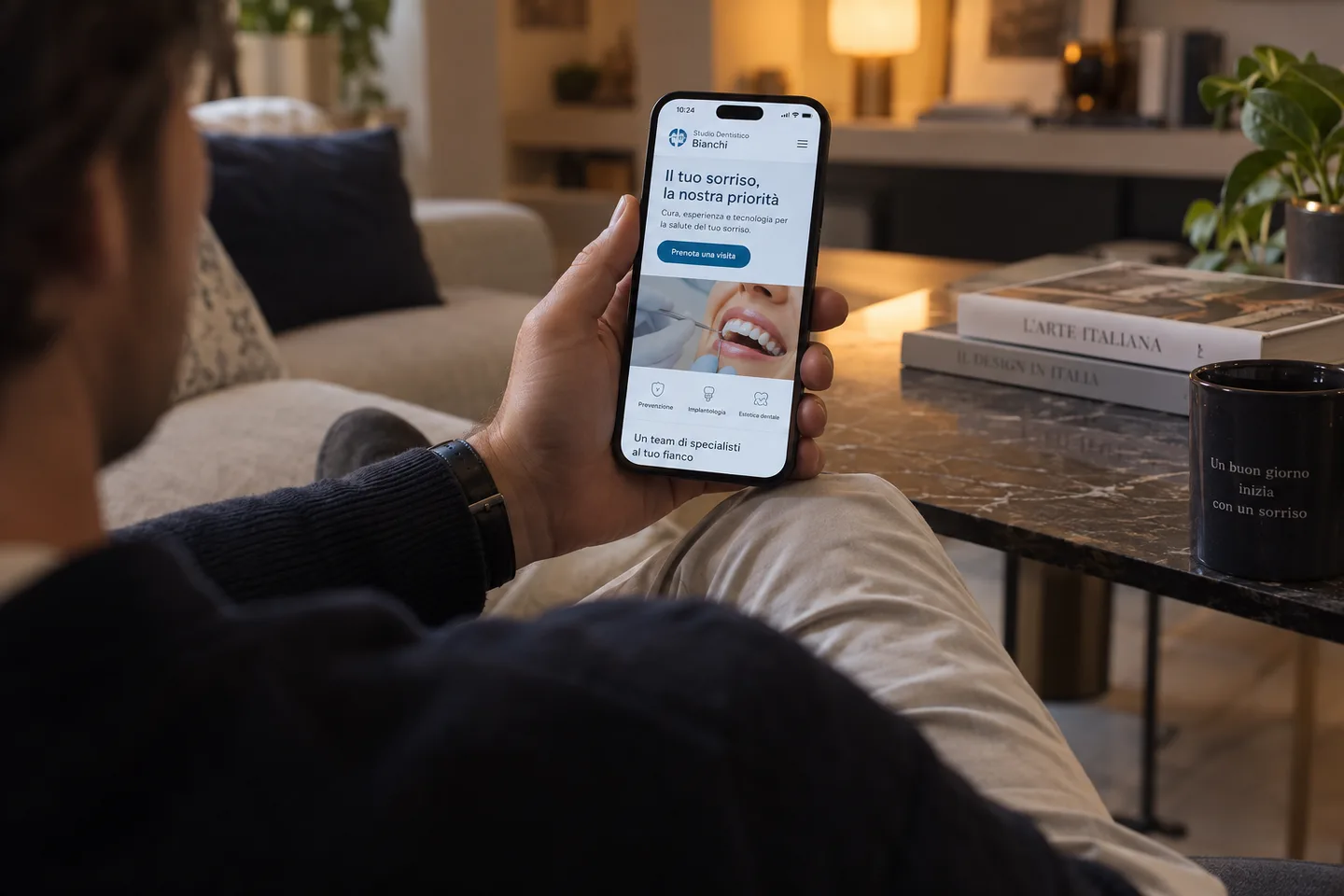 Una persona consulta da casa, sullo smartphone, il sito di uno studio dentistico.